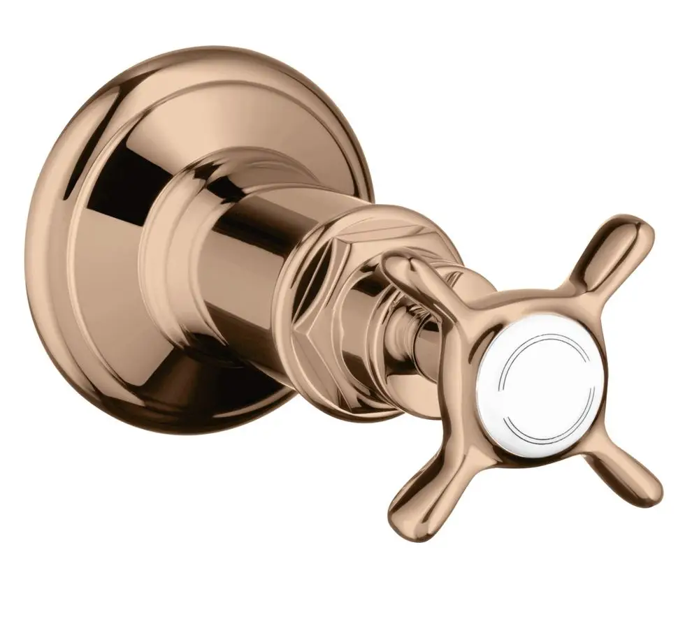 Montiertes Absperrventil mit Kreuzgriff in Polished Red Gold, gestaltet von AXOR, gilt als Teil einer modernen Badezimmerausstattung.